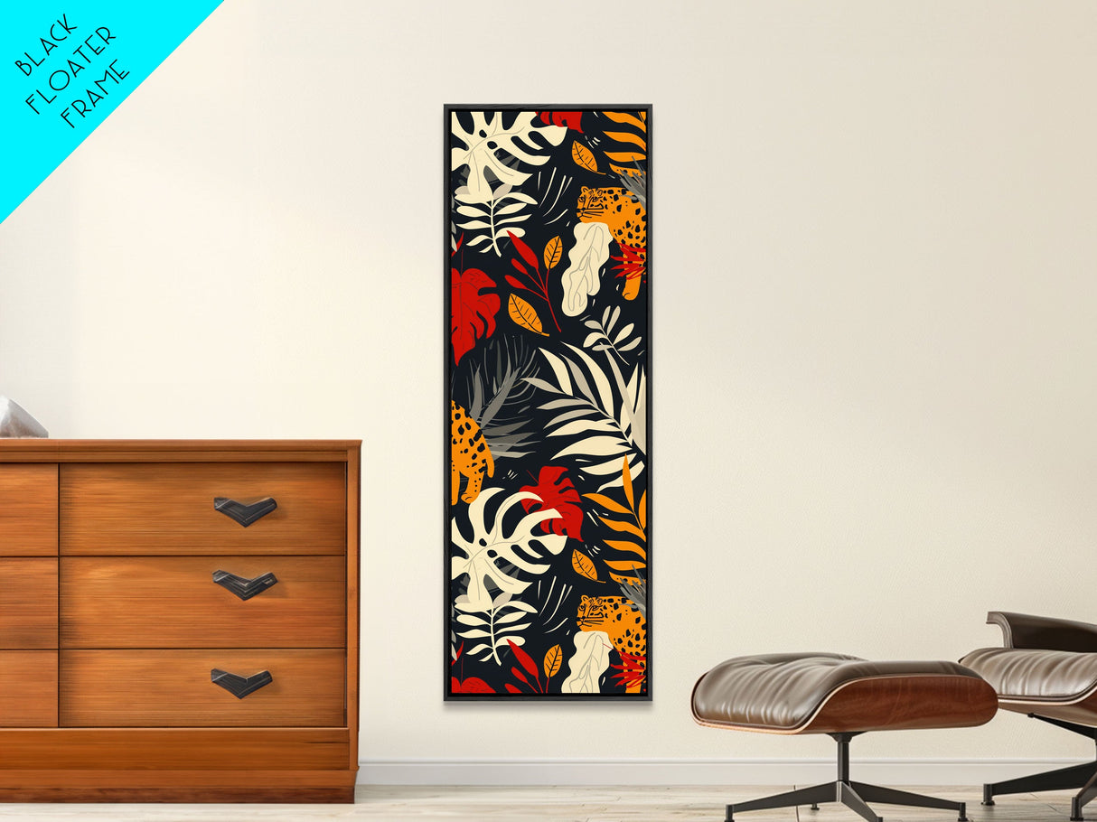 Jungle Foliage and Leopard Design on Black Background - Framed Canvas Print, Midcentury Modern Art, Skinny Art, Tall Art, Living Room Wall Decor, Boho Art