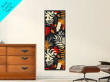 Jungle Foliage and Leopard Design on Black Background - Framed Canvas Print, Midcentury Modern Art, Skinny Art, Tall Art, Living Room Wall Decor, Boho Art