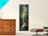 Peaceful Forest Stream in the Early Morning Light, Skinny and Tall Art, Framed Canvas Print, Cozy Wall Art Decor