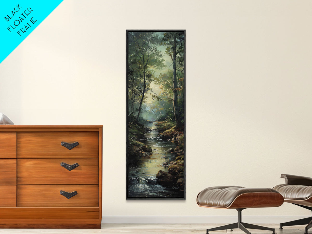 Peaceful Forest Stream in the Early Morning Light, Skinny and Tall Art, Framed Canvas Print, Cozy Wall Art Decor