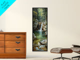 Framed Canvas Print Skinny Art of a Serene Waterfall Cascading into a Tranquil Pool in a Lush Forest Landscape, Perfect Tall Art for Nature Lovers