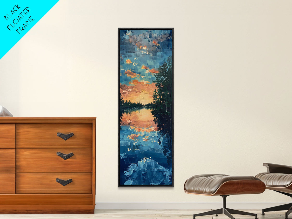Reflective Sunset Over Calm Waters, Minimalist Farmhouse Art For Rustic Decor, Boho Style Wall Art In Tall Canvas Print