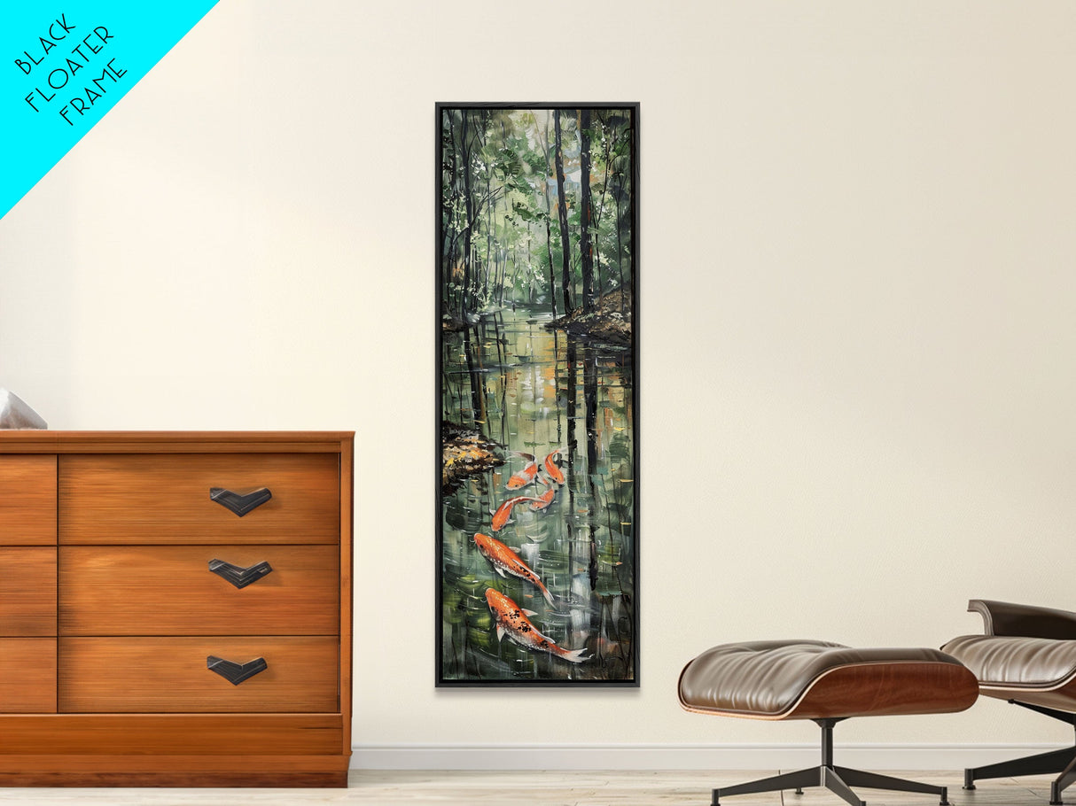 Elegant Koi Fish Swimming Serene Water Garden Nature Art Framed Canvas Print Tall Art Japanese Style Art