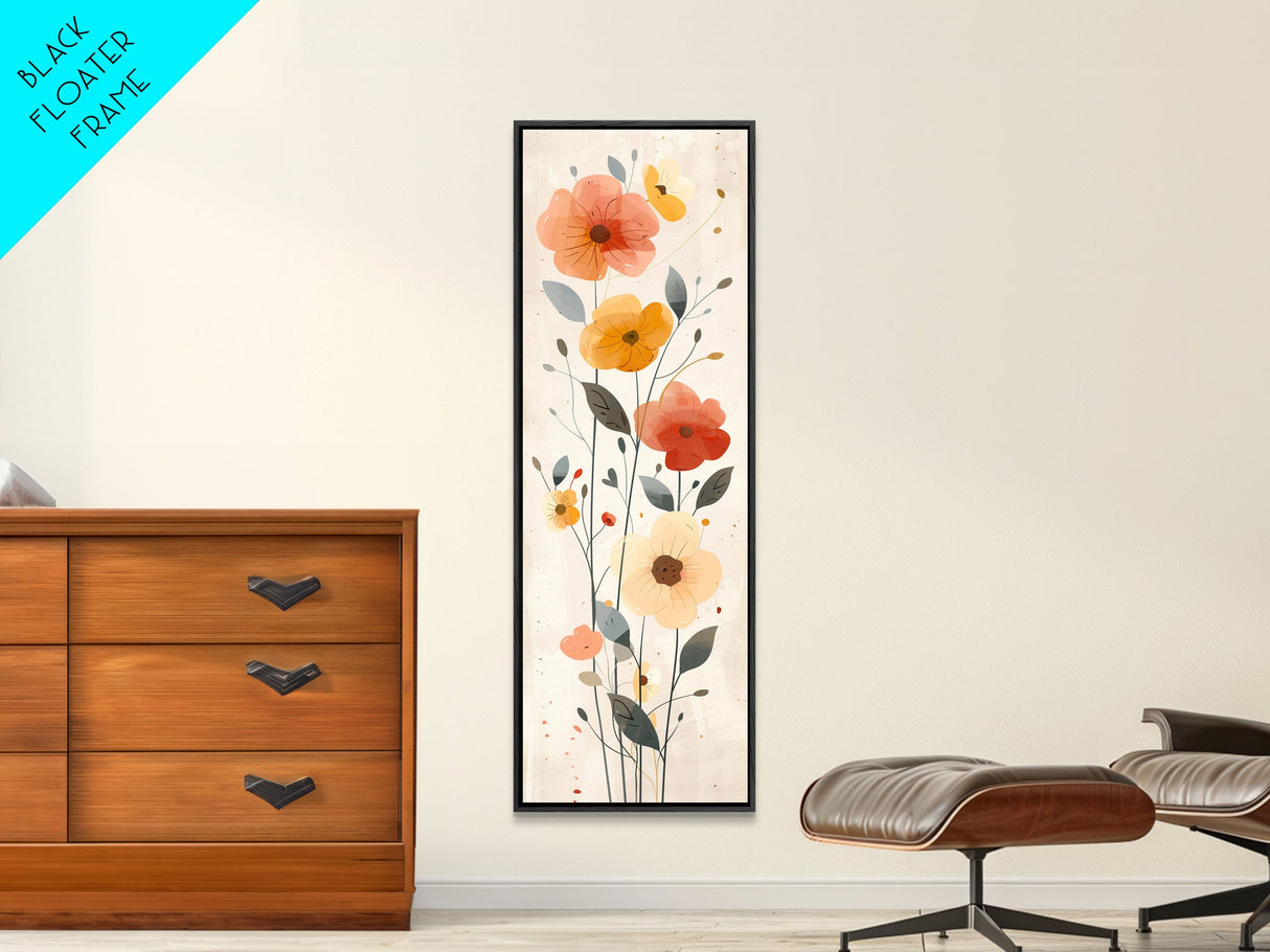 Delicate Poppy Flowers Skinny Art Tall Art Japanese Ukiyo-e Inspired Floral Print Framed Canvas Wall Art