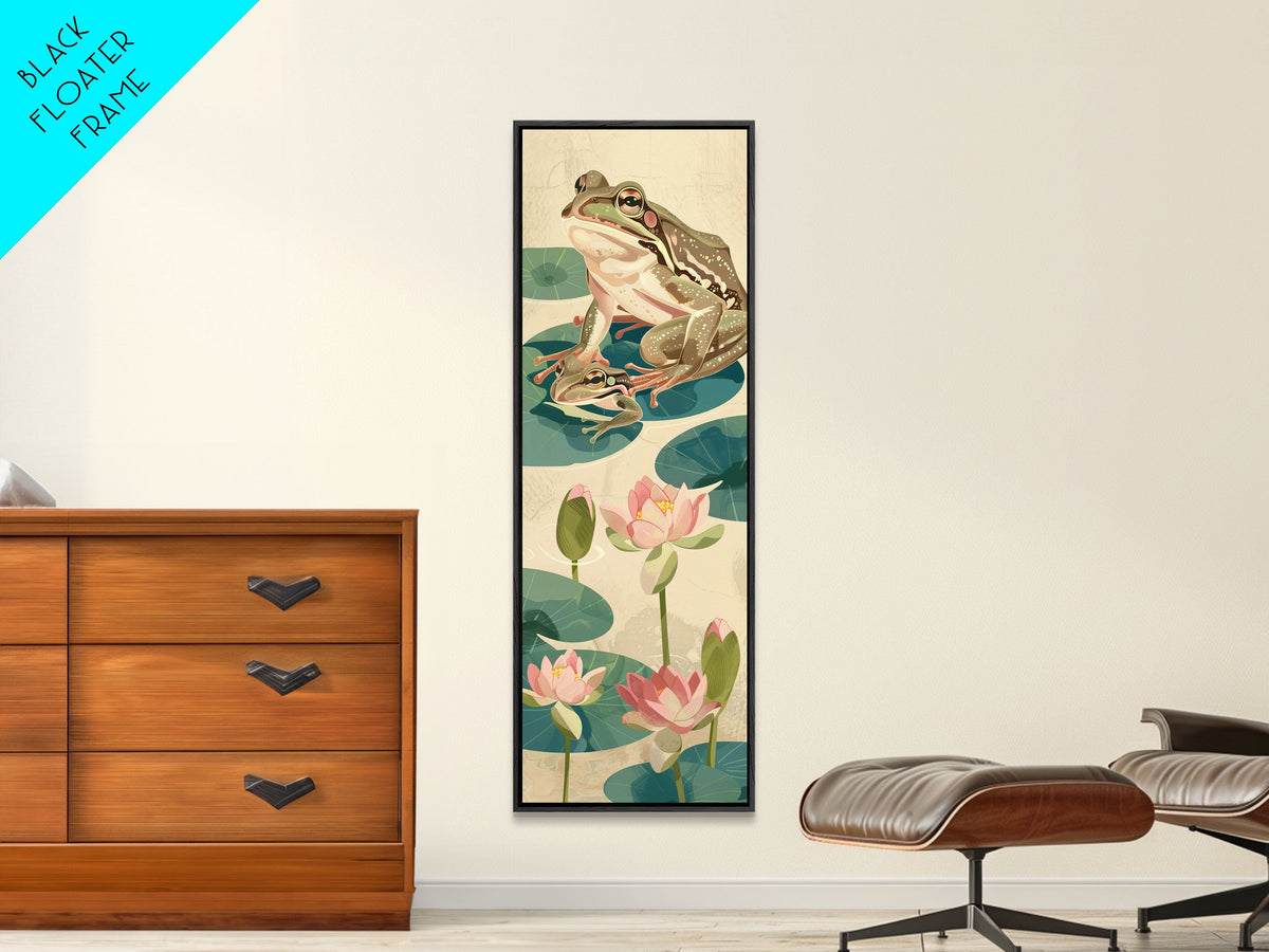 Frogs On Lily Pads Canvas In Japanese Ukiyo-e Style, Traditional Woodblock Print, Framed Canvas Print, Tall Skinny Japanese Wall Art, Ready To Hang