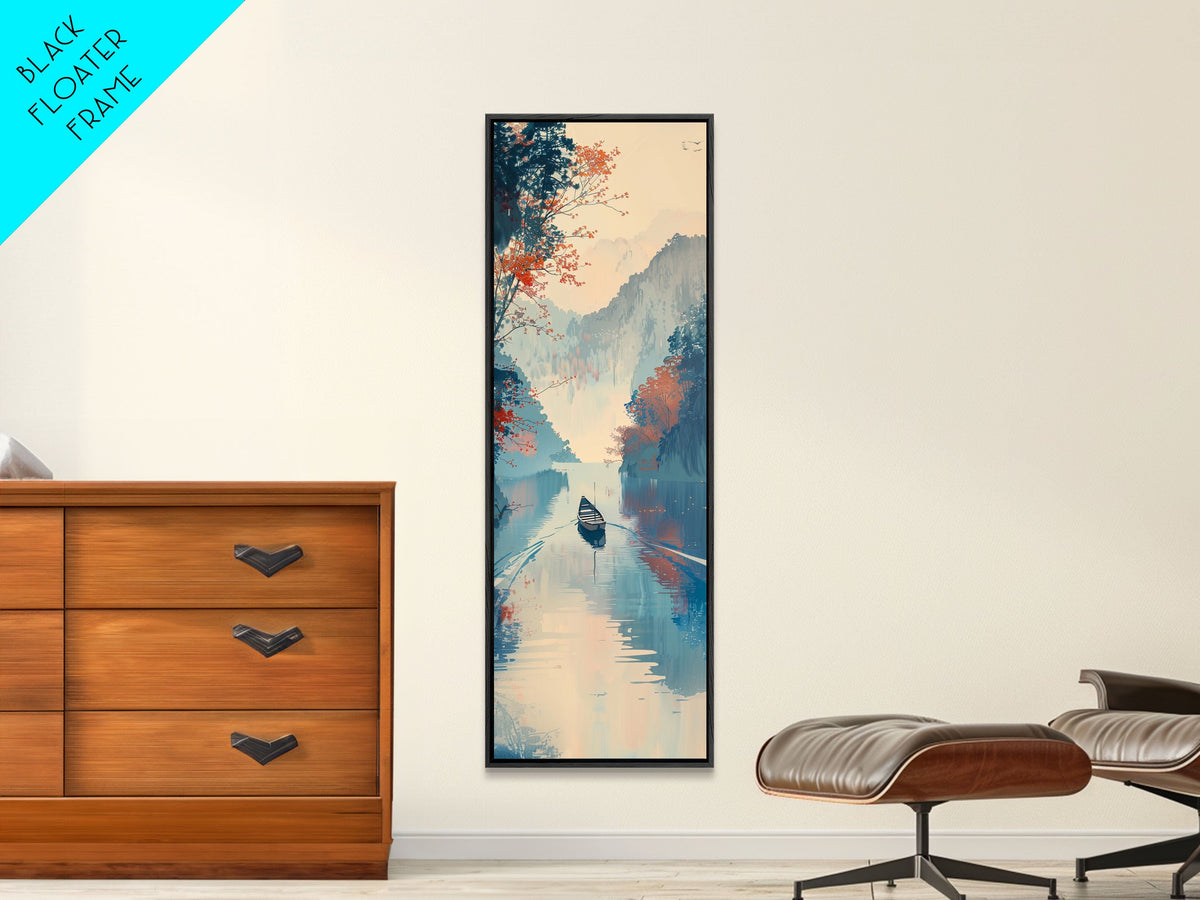 Serene Japanese Landscape Framed Canvas Print Featuring A Calm River Scene With Boat And Misty Mountains, Traditional Wall Art, Ready To Hang