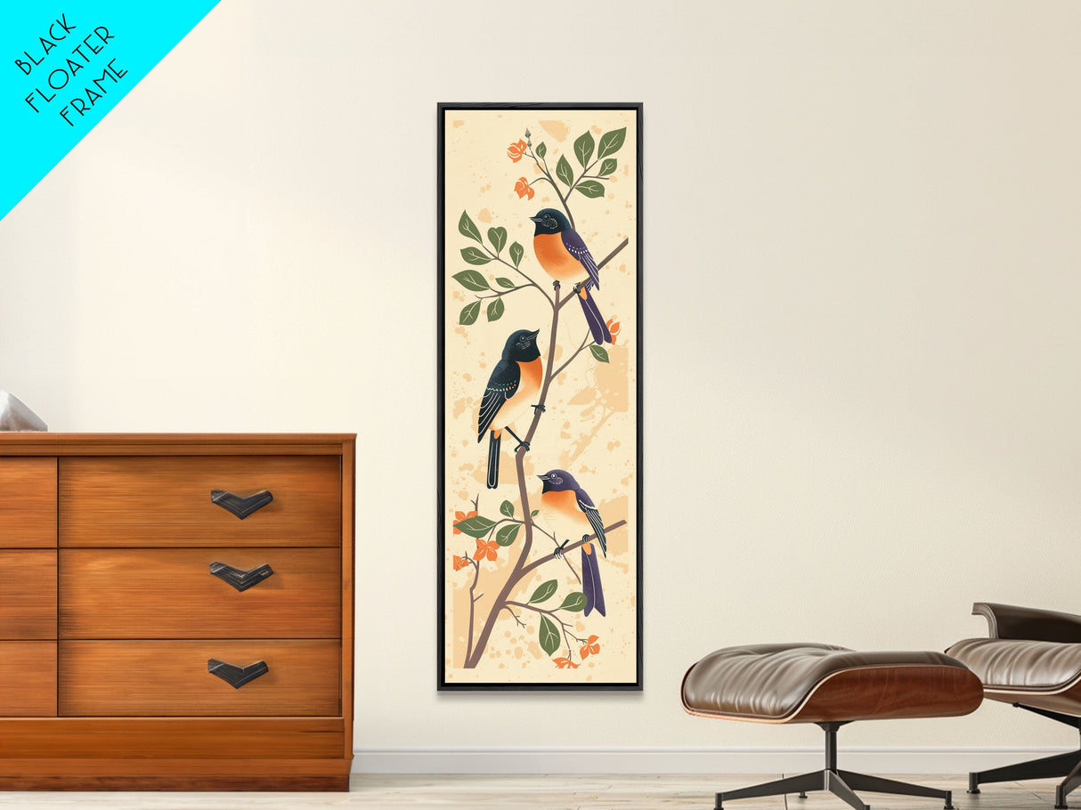 Three Birds Perched On A Branch Japanese Style Framed Canvas Print, Traditional Illustration Art Ready To Hang For Home Decor