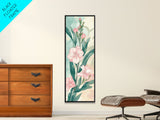 Skinny Art Pink Oleander Flowers In Japanese Style Wood Block Print Elegant Pastel Hues On Framed Canvas Print, Tall Art Ukiyo-e