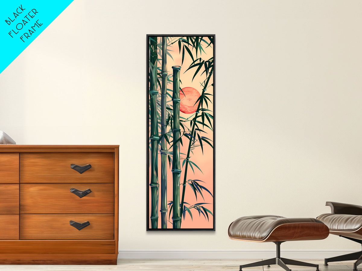 Framed Canvas Print Of Bamboo Stalks And Red Sun, Traditional Japanese Style Wall Art Ready To Hang For Asian Inspired Decor