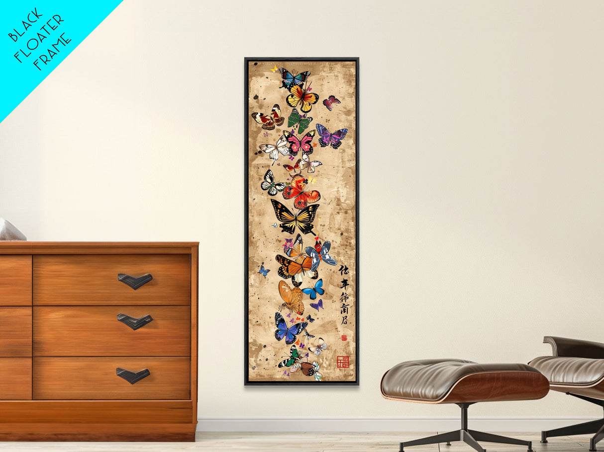 Butterflies In Spiral Formation On Light Brown Canvas Tall Art Skinny Art Framed Canvas Print Japanese Style Art Ukiyo-e Wood Block Print