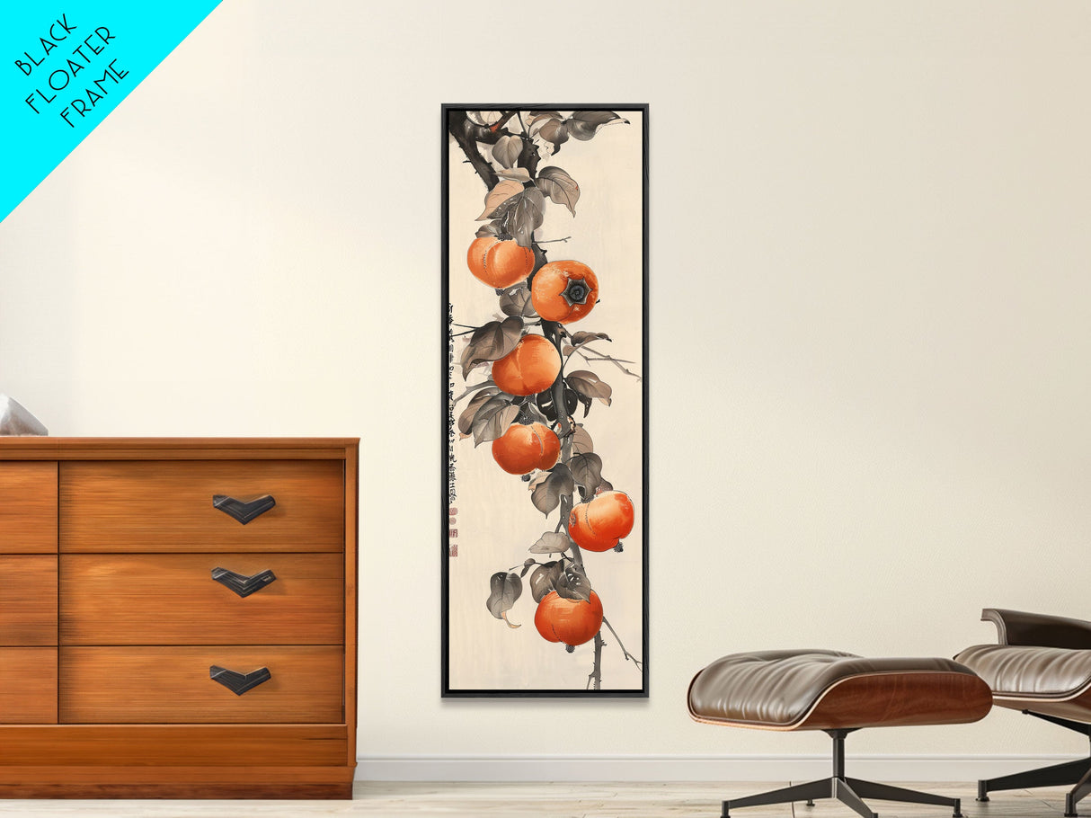 Bountiful Persimmons On Tree Branch Skinny Art Tall Art Framed Canvas Print Japanese Style Art Ukiyo-e Art Wood Block Print Seasonal Natural