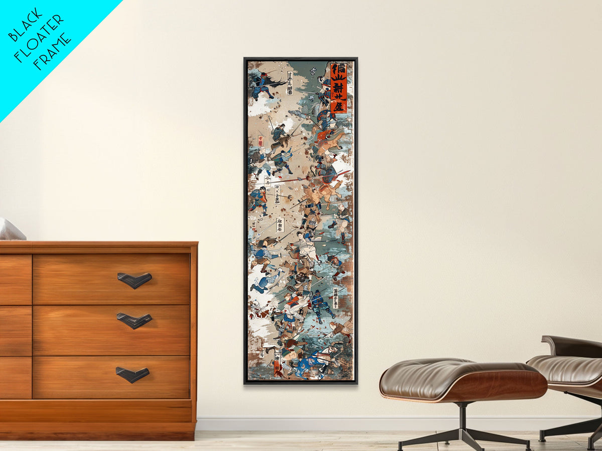 Battle Scene Featuring Warriors in Traditional Japanese Armor Ukiyo-e Art Framed Canvas Print Skinny Tall Art