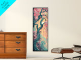 Japanese Garden Tree Skinny Wall Art Framed Canvas Print with Twisting Branches and Pink Blossoms in Warm Sunset Colors