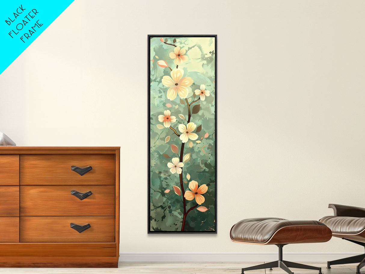 Japanese Style Art Featuring A Delicate Branch With Blooming Flowers, Skinny Art, Tall Art, Ukiyo-e Art, Framed Canvas Print, Wood Block Print