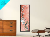 Skinny Art Tall Art Cherry Blossoms Wood Block Print Japanese Style Art With Delicate Branches On Soft Pink Background Framed Canvas Print