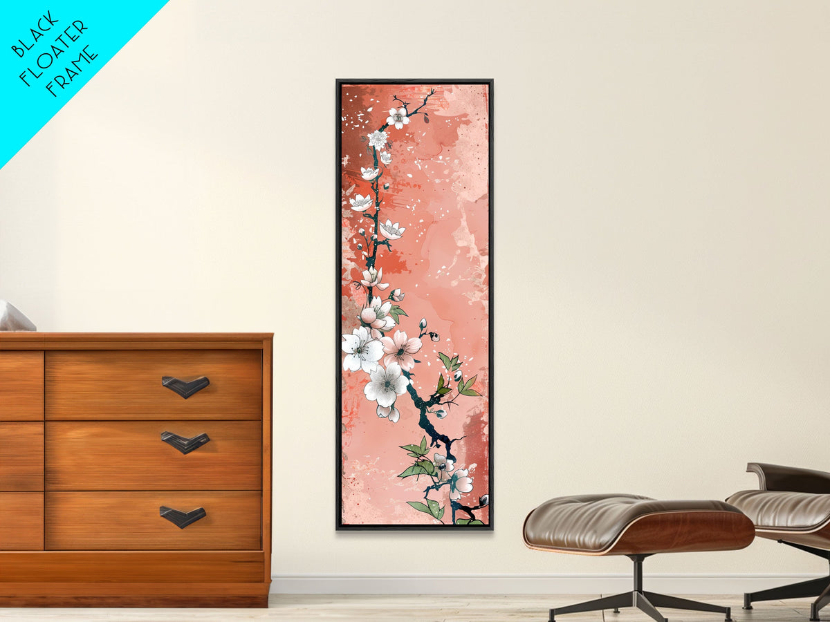Skinny Art Tall Art Cherry Blossoms Wood Block Print Japanese Style Art With Delicate Branches On Soft Pink Background Framed Canvas Print