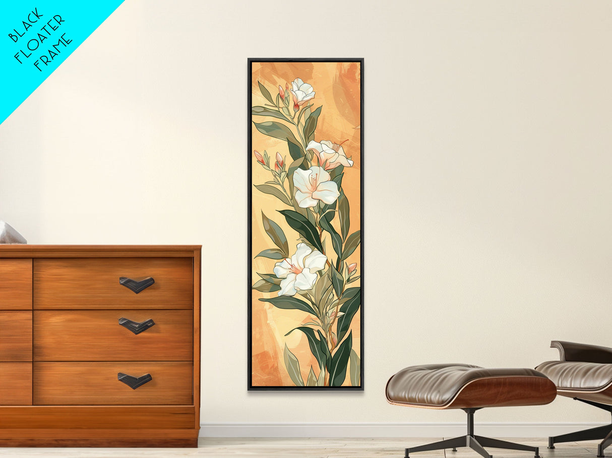 Skinny Art Tall Art Elegant White Flowers Wood Block Print Japanese Style Art Delicate Blooms On Soft Background Framed Canvas Print
