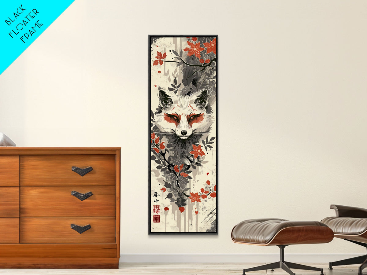 Fox Head Amidst Red Flowers On Textured Background Skinny Art Wood Block Print Framed Canvas Print