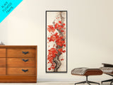 Striking Red Leaves And Berries On A Gnarled Tree, Tall Skinny Canvas Print For Feng Shui-Inspired Wall Art, Japanese Style Art