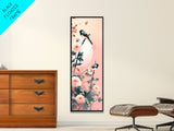 Tall Skinny Art Japanese Style Wood Block Print Birds On Branches Against A Soft Background For Framed Canvas Print In Ukiyo-e Style