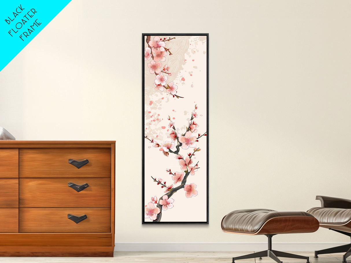Cherry Blossom Branches On Canvas In Japanese Ukiyo-e Style, Traditional Woodblock Print, Framed Canvas Print, Tall Skinny Japanese Wall Art, Ready To Hang