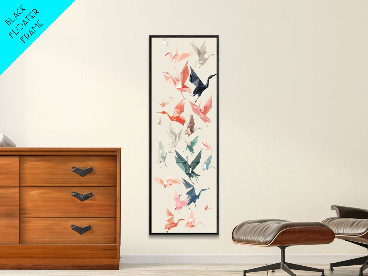 Origami Crane Birds Skinny Art Tall Art Japanese Ukiyo-e Inspired Framed Canvas Print Perfect for Modern Minimalist Spaces