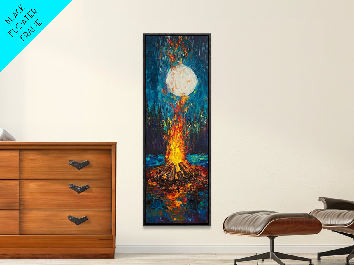 Moonlit Campfire Framed Canvas Print moody art mountain painting above couch art rustic wall art tall narrow art