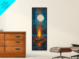 Moonlit Campfire Framed Canvas Print moody art mountain painting above couch art rustic wall art tall narrow art