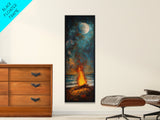 Moonlit Bonfire Canvas Print Rustic Wall Art Coastal Landscape Art Above Sofa Art Tall Narrow Art Nautical Decor Moody Art