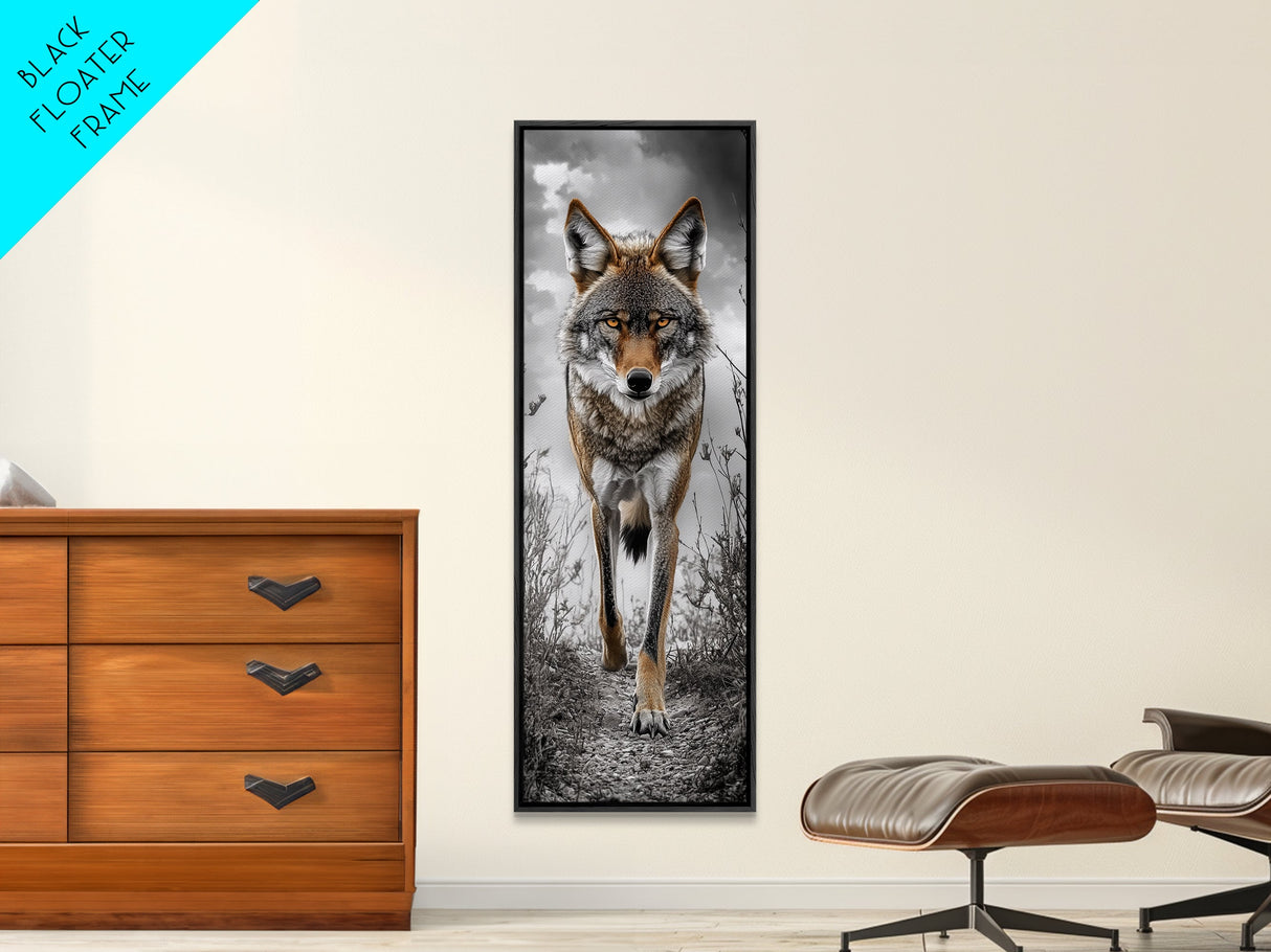 Intense Coyote Stare Framed Canvas Print | Wildlife Wall Art | Rustic Decor | Moody Art | Southwest Wall Art | Above Sofa Art | Gift Idea