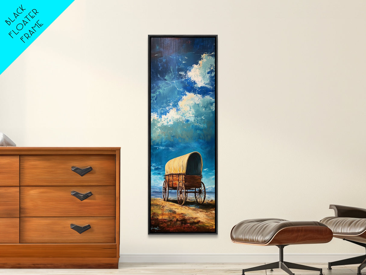 Vintage Covered Wagon Painting Framed Canvas Print, Rustic Wall Art, Farmhouse Art, Moody Art, Landscape Painting, Southwest Wall Art