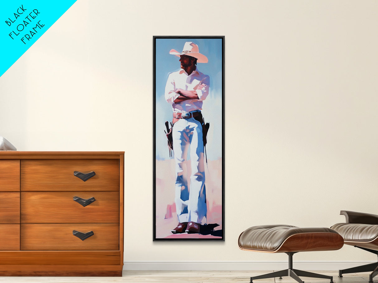 Western Cowboy in White Framed Canvas Print, Rustic Wall Art, Moody Art, Southwest Wall Art, Vintage Horse Art, Extra Wide Art