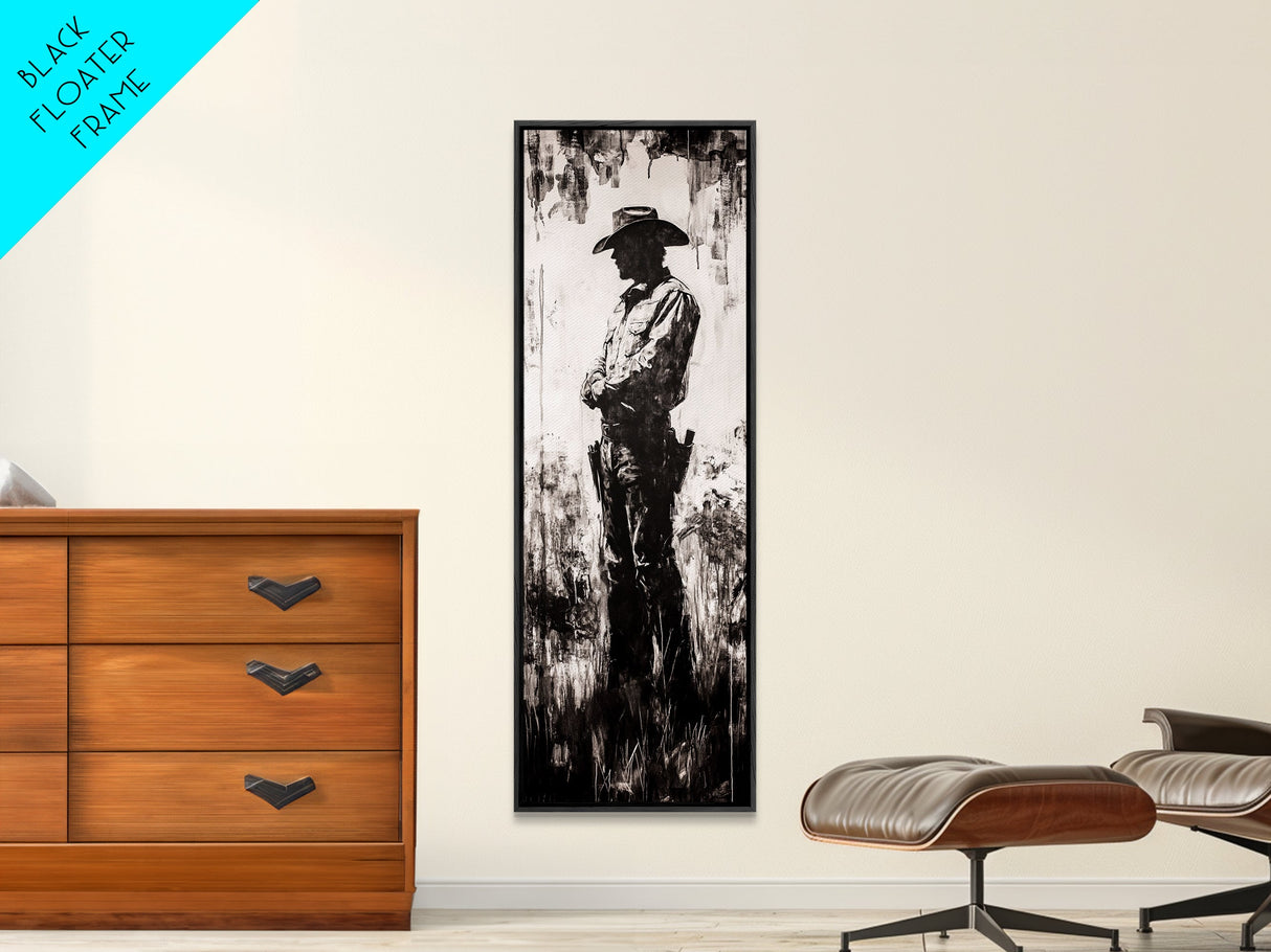 Black and White Cowboy Art Framed Canvas Print, Rustic Wall Art, Moody Art, Southwest Wall Art, Vintage Horse Art, Tall Narrow Art