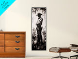 Black and White Cowboy Art Framed Canvas Print, Rustic Wall Art, Moody Art, Southwest Wall Art, Vintage Horse Art, Tall Narrow Art