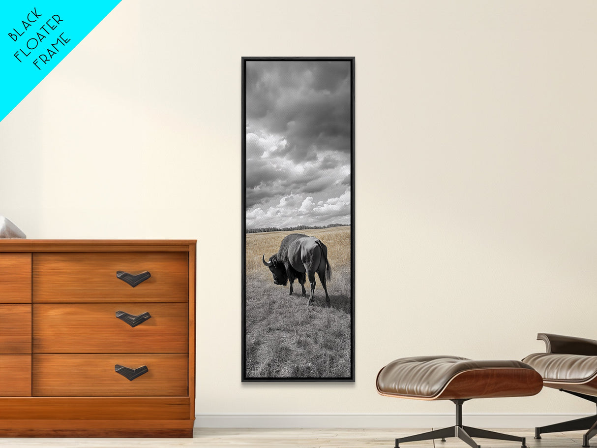 Lone Bison in Field Framed Canvas Print | Rustic Wall Art | Moody Art | Wildlife Painting | Farmhouse Decor | Southwest Wall Art | Gift Idea