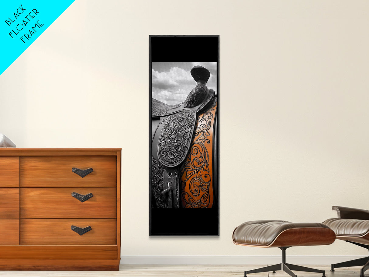 Leather Saddle Art, Framed Canvas Print, rustic wall art, cowboy painting, vintage horse art, farmhouse art, extra wide art, wabi sabi art