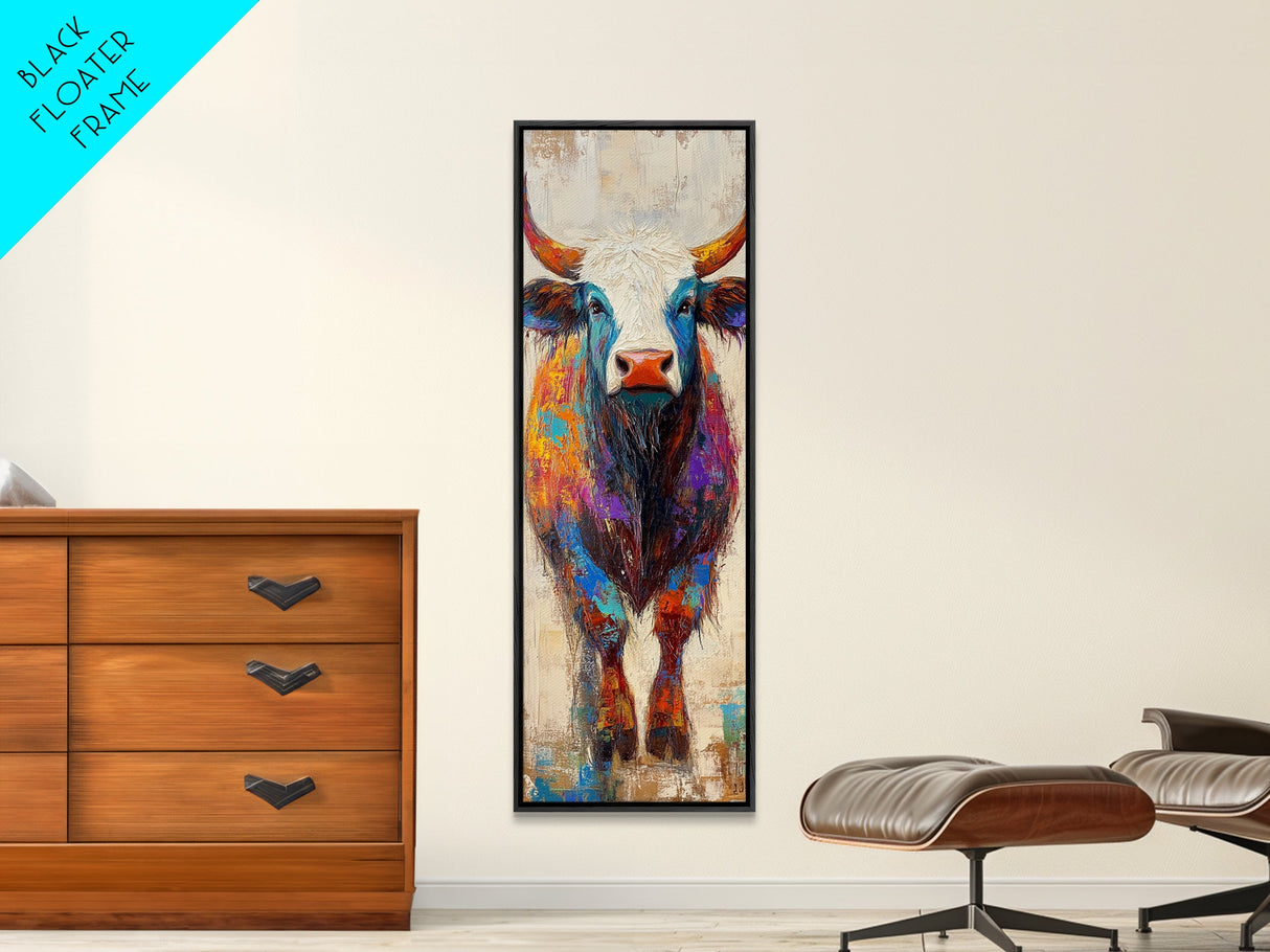 Colorful Bull Painting Canvas Print rustic wall art, barn landscape oil painting, farmhouse art, gift idea him, moody art decor
