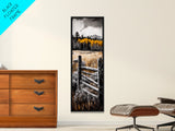 Rustic Mountain Fence Framed Canvas Print, Birch Tree Art, Fall Landscape Painting, Moody Art, Farmhouse Art, Above Sofa Art