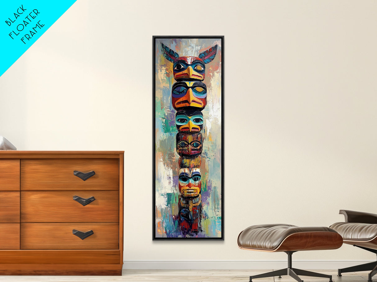 Totem Pole Framed Canvas Print tribal art rustic decor abstract painting blue and green wall art moody art tall narrow art unique wall art