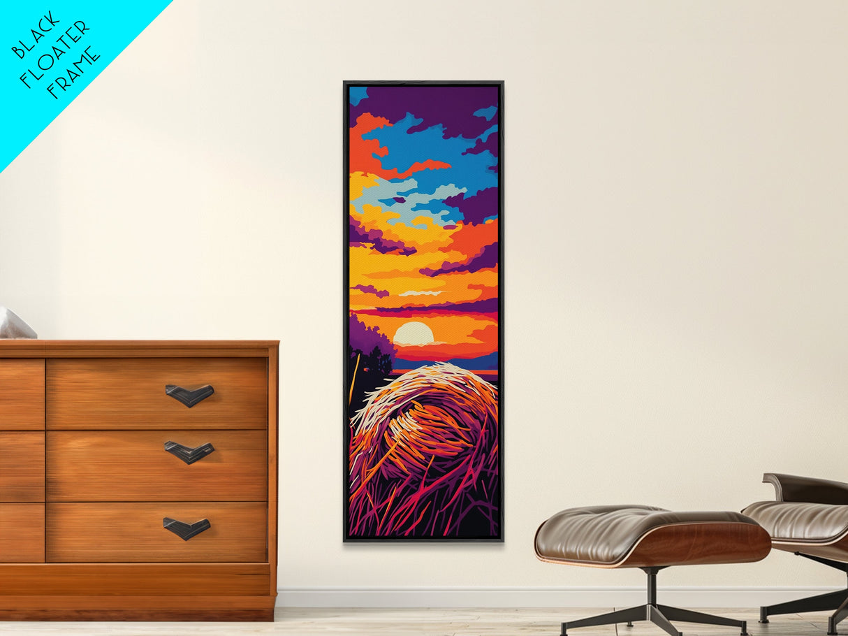 Sunset Hay Bale Framed Canvas Print pink orange wall art rustic decor countryside art barn landscape oil painting warm wall art fall decor