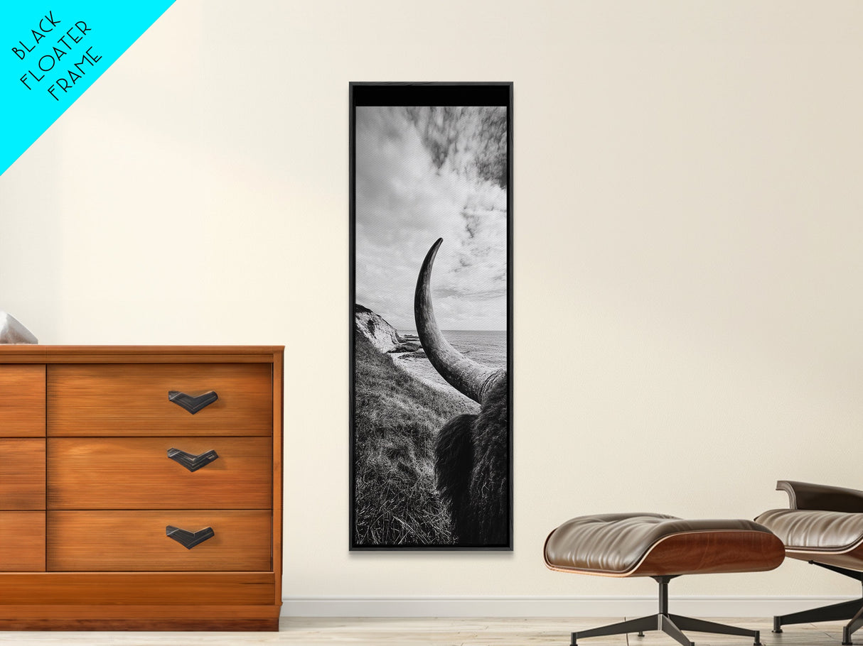 Highland Bull, Coastal Landscape, Framed Canvas Print, rustic decor, mountain painting, farmhouse art, moody art, wabi sabi wall art