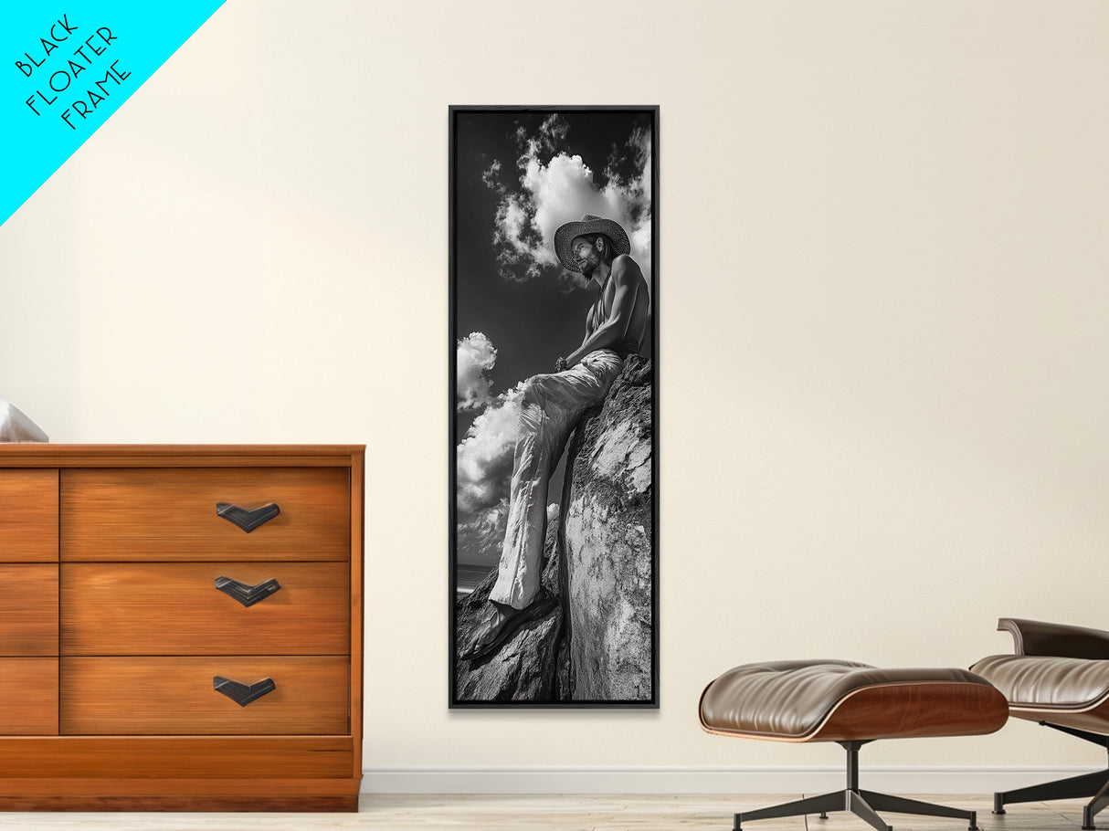 Bohemian Man, Clifftop Reflection, Framed Canvas Print, Coastal Cowgirl Wall Art, Rustic Décor, Boho Art, Minimalist Art