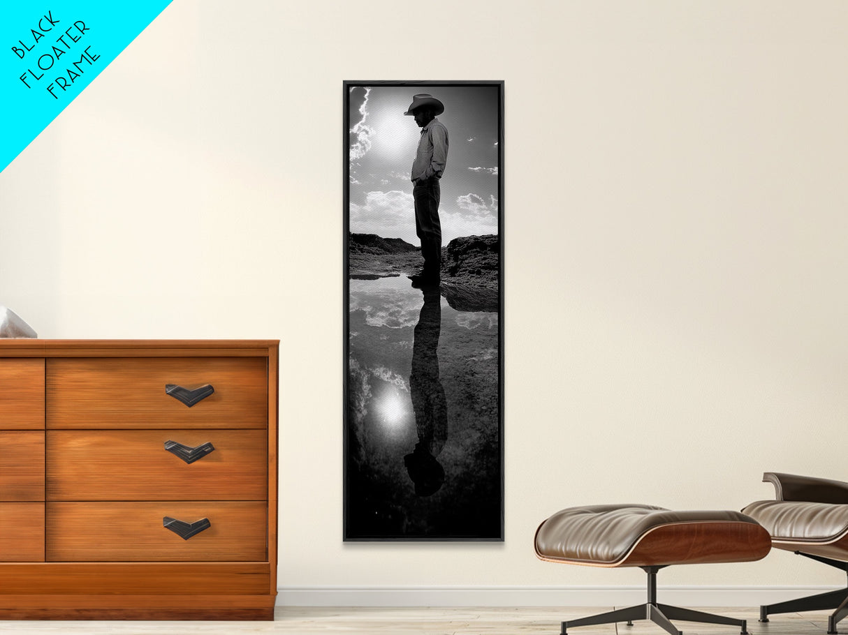 Lone Cowboy, Reflection Photography, Framed Canvas Print, Rustic Art, Moody Wall Art, Extra Wide Art, Southwest Wall Art