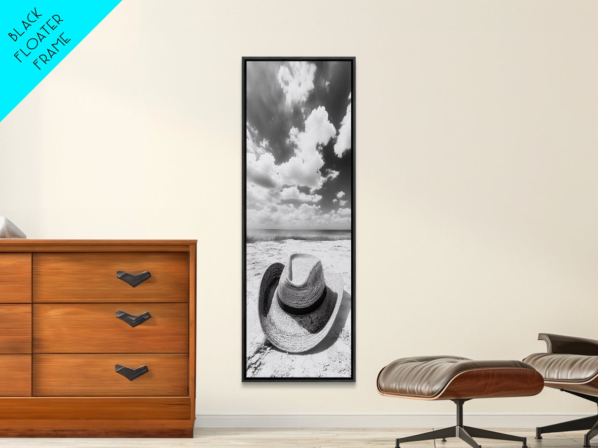 Straw Cowboy Hat, Beach Photography, Framed Canvas Print, Coastal Cowgirl, Wall Art, Rustic Décor, Minimalist Wall Art