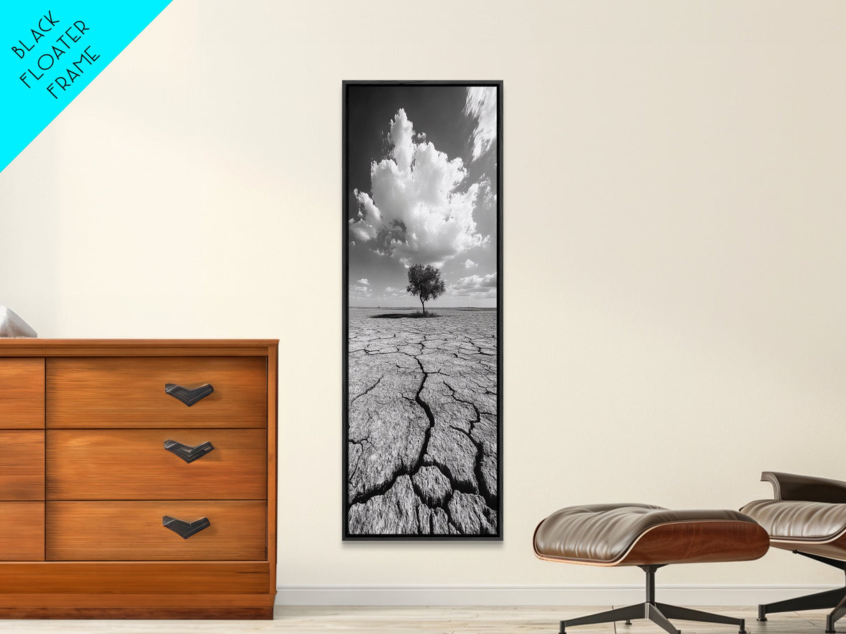 Lone Tree, Cracked Earth, Framed Canvas Print, wabi sabi art, moody art, landscape painting, above bed wall art,minimalist art, extra wide art