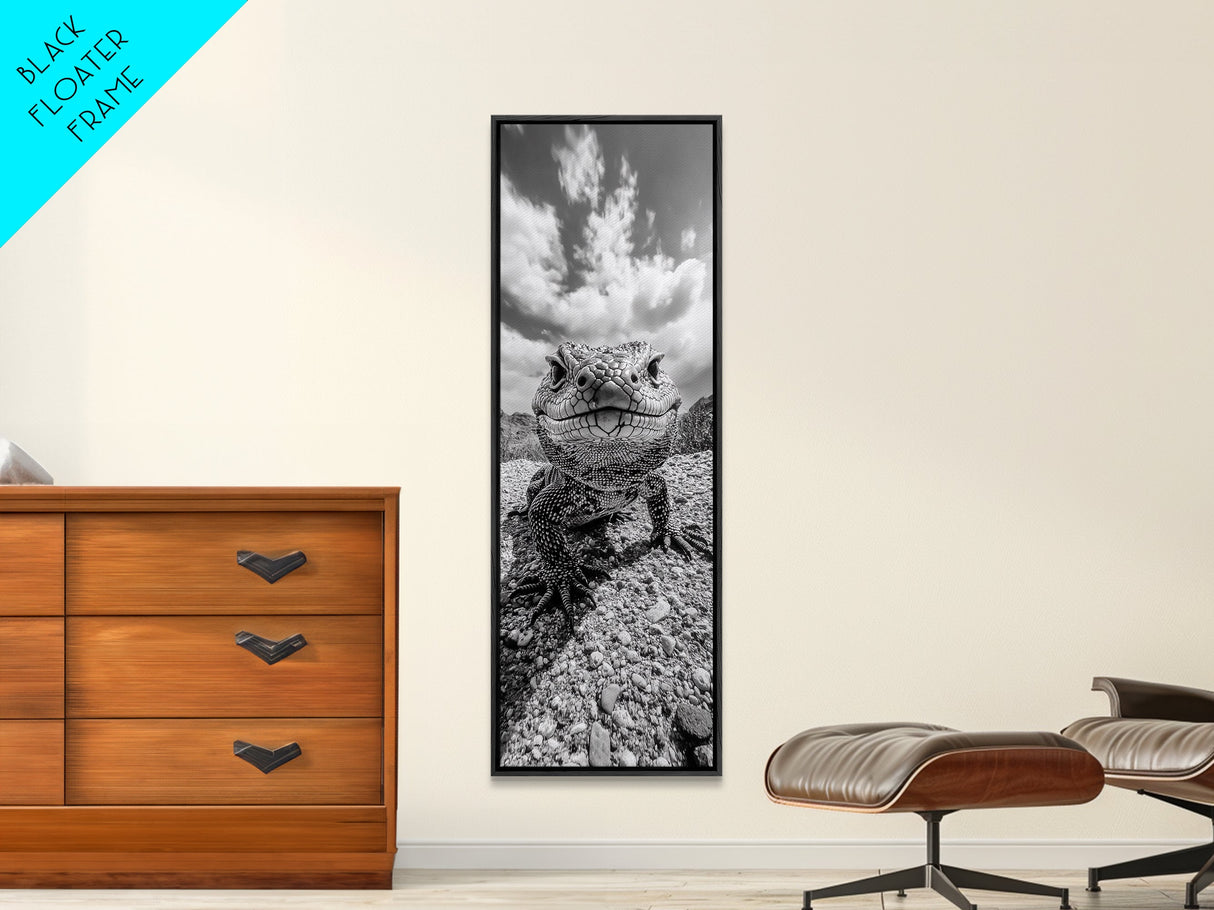 Lizard Close-Up, Framed Canvas Print, wildlife photography, rustic wall art, southwest wall art, desert animal art, black and white home decor