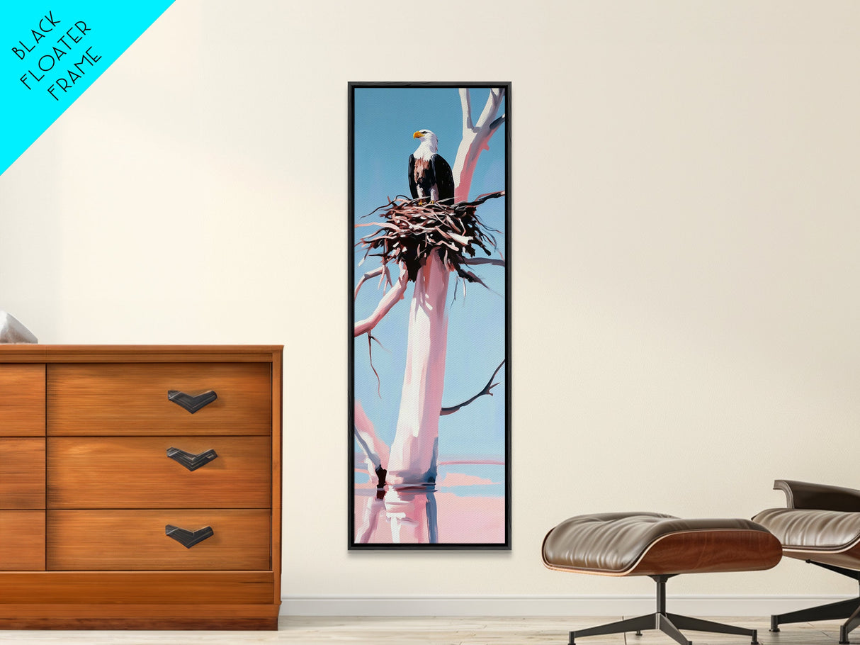 Majestic Eagle Nest, Framed Canvas Print, wildlife art, bird art, rustic wall art, pine tree art, tall narrow art, farmhouse décor, gift idea