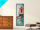 Red Boathouse Coastal Scene Framed Canvas Print | Nautical Decor | Seascape Painting | Rustic Wall Art | Coastal Painting