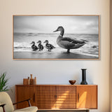 Duck family, bird art, whimsical art, coastal decor, nature painting, extra wide art, panoramic art, above couch art, framed canvas print