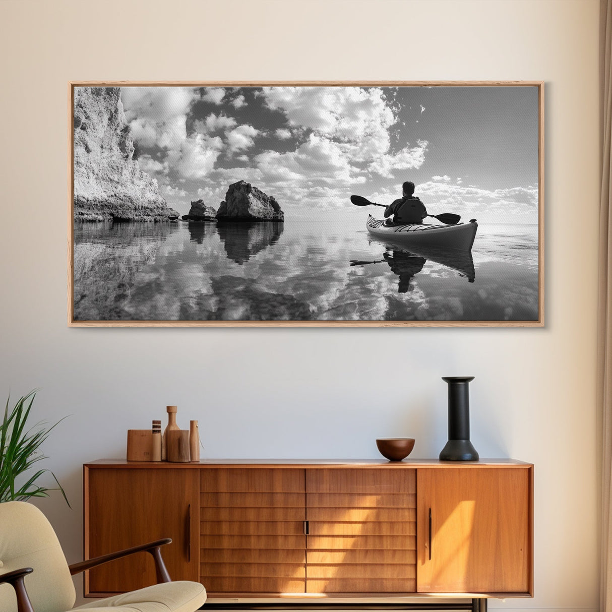 Kayak, Coastal Landscape Art, Nautical Painting, Extra Wide Art, Adventure Art, Seascape Painting, Panoramic Art, Canvas Print
